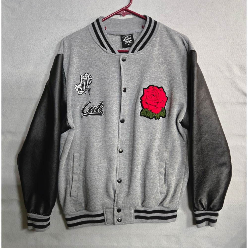 Original Deluxe Cali Rose Skeleton Varsity Letterman Jacket Grey Black Men's M